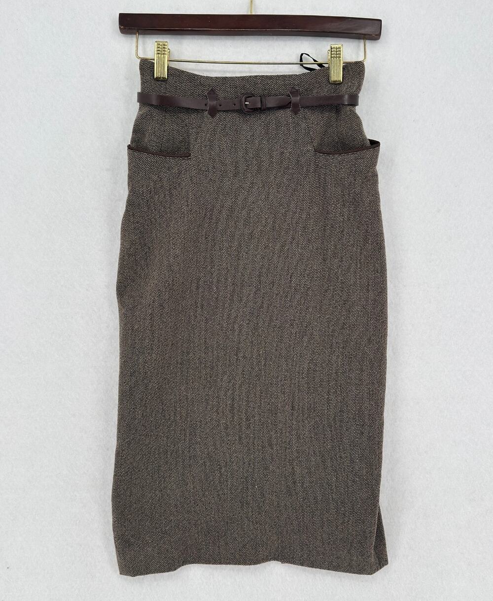 Vintage Barbara Bui Brown Textured Wool Belted Midi Pencil Skirt Sz FR 36